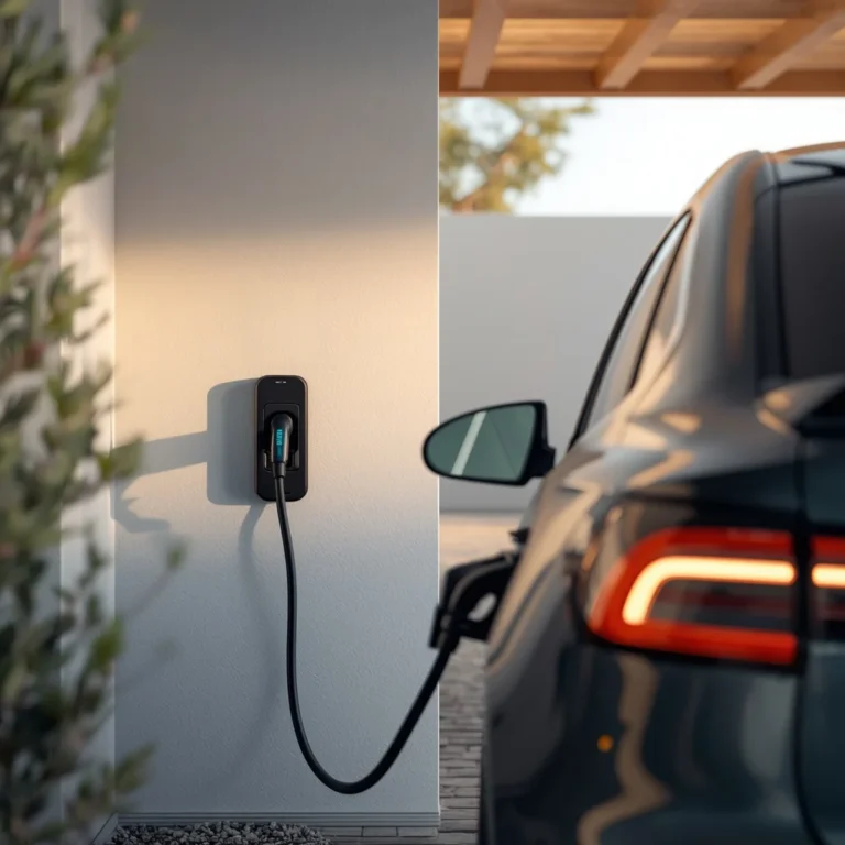 Cargador de pared con el conector enchufado a un coche eléctrico