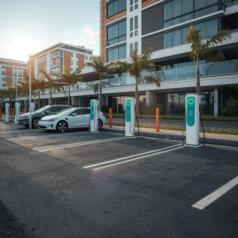 Postes de recarga para coches eléctricos en el aparcamiento de un edificio de oficinas