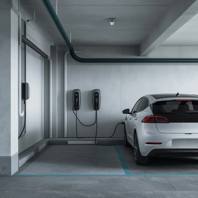 Coche eléctrico cargando en una plaza con dos cargadores de pared de un garaje comunitario