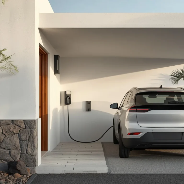 Coche eléctrico conectado a un cargador de pared en el porche de una vivienda